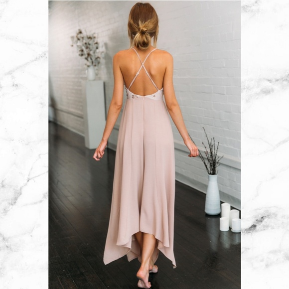 Rose Gold Sequin Long Dress Asymmetrical Hem Blush - Picture 5 of 8